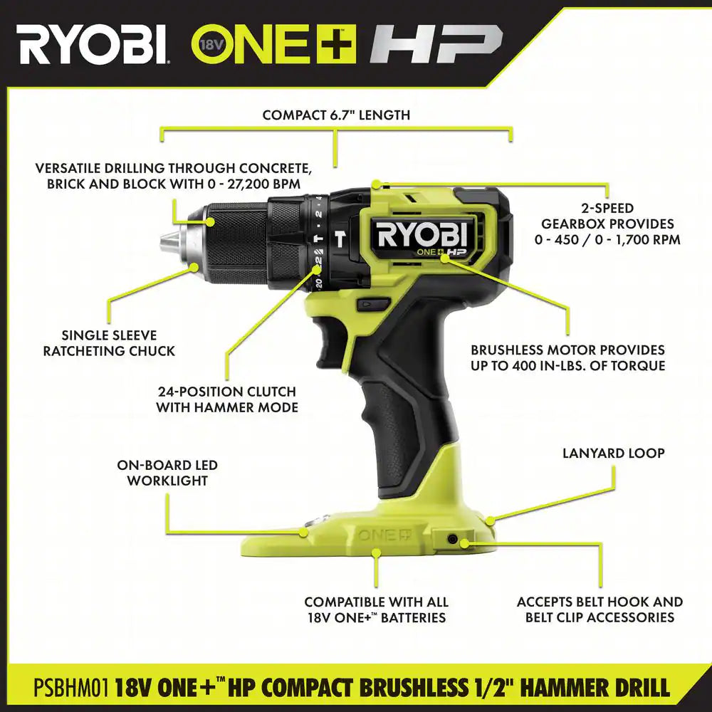 ONE+ HP 18V Brushless Cordless Compact 1/2 In. Hammer Drill (Tool Only)
