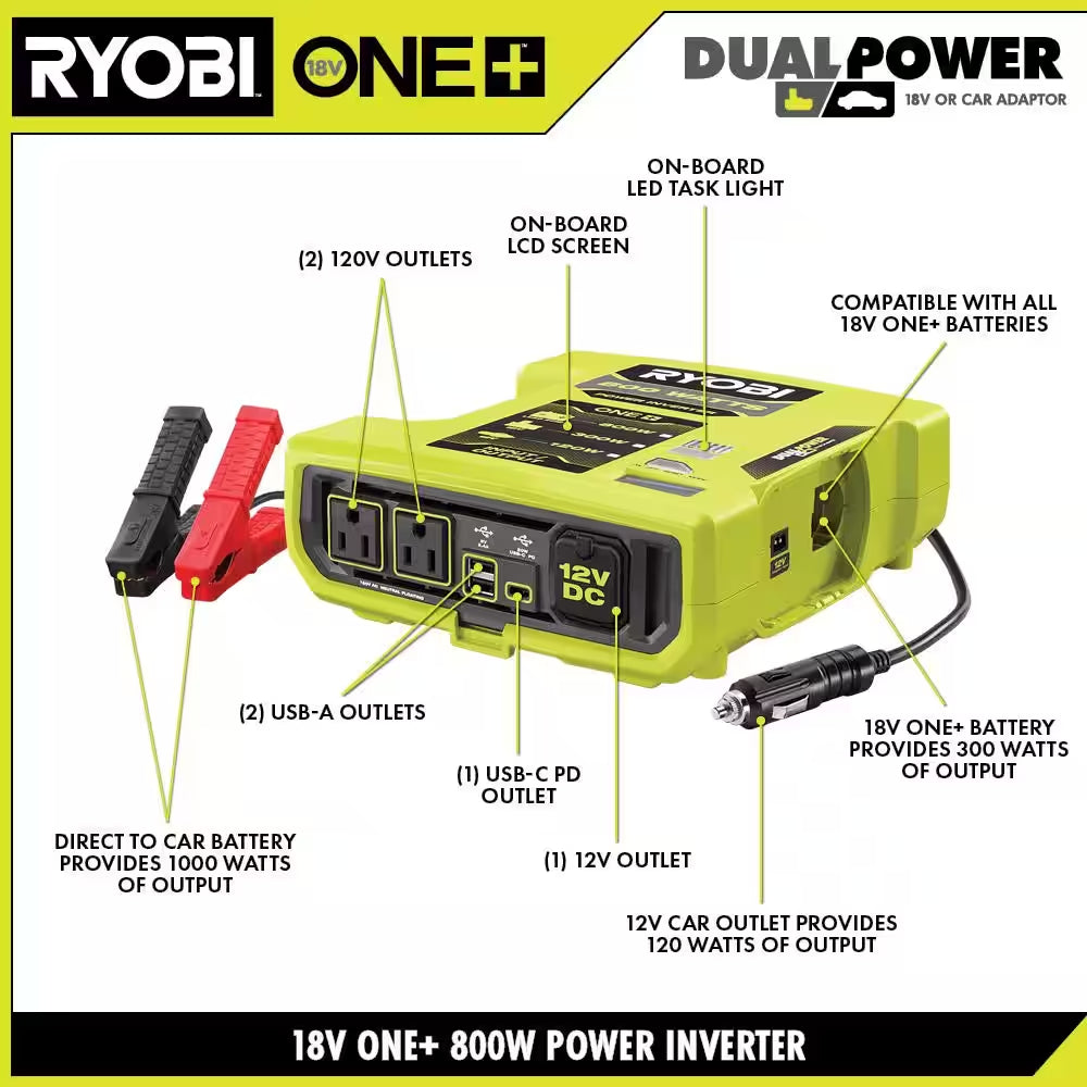 ONE+ 18V 800-Watt Max 12V Automotive Power Inverter with Dual USB Ports