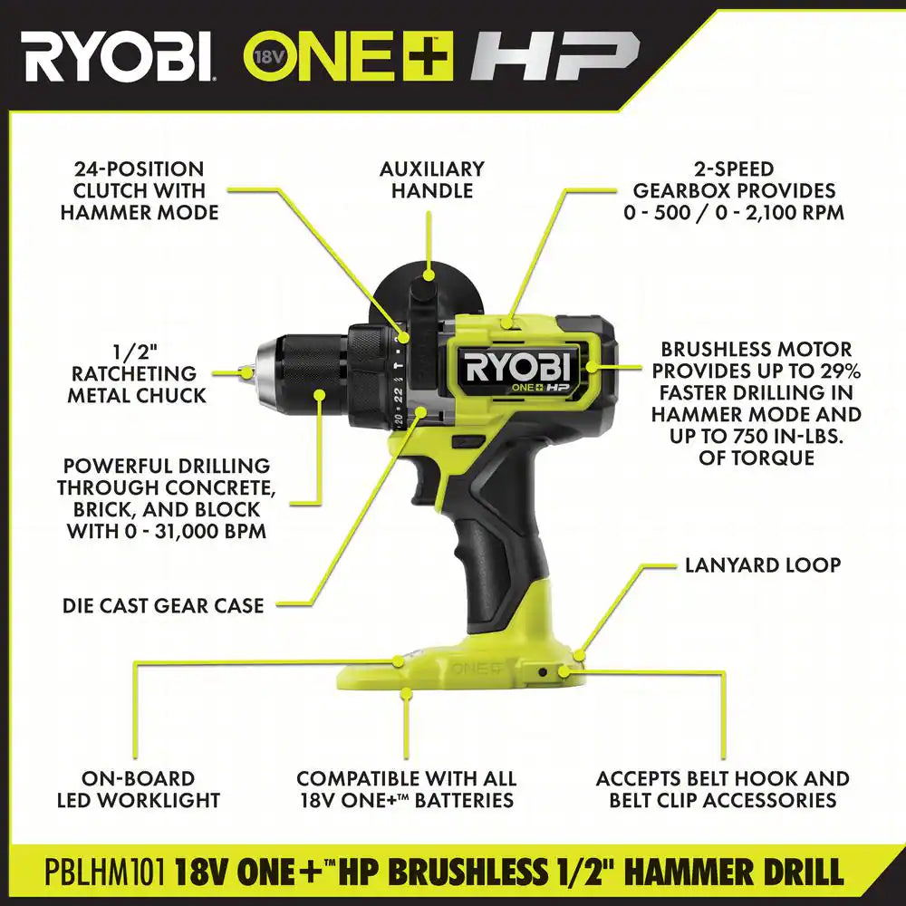 ONE+ HP 18V Brushless Cordless 1/2 In. Hammer Drill (Tool Only)