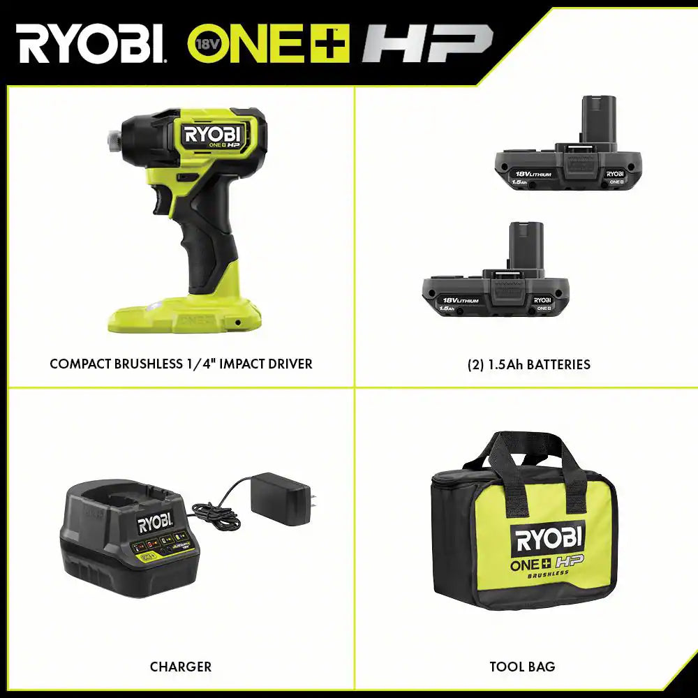 ONE+ HP 18V Brushless Cordless Compact 1/4 In. Impact Driver Kit with (2) 1.5 Ah Batteries, Charger and Bag
