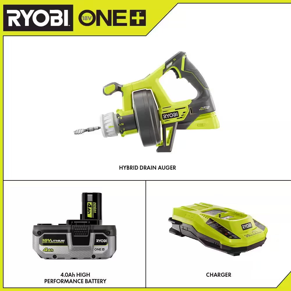 ONE+ 18V Hybrid Drain Auger with HIGH PERFORMANCE 4.0 Ah Battery and Charger Kit