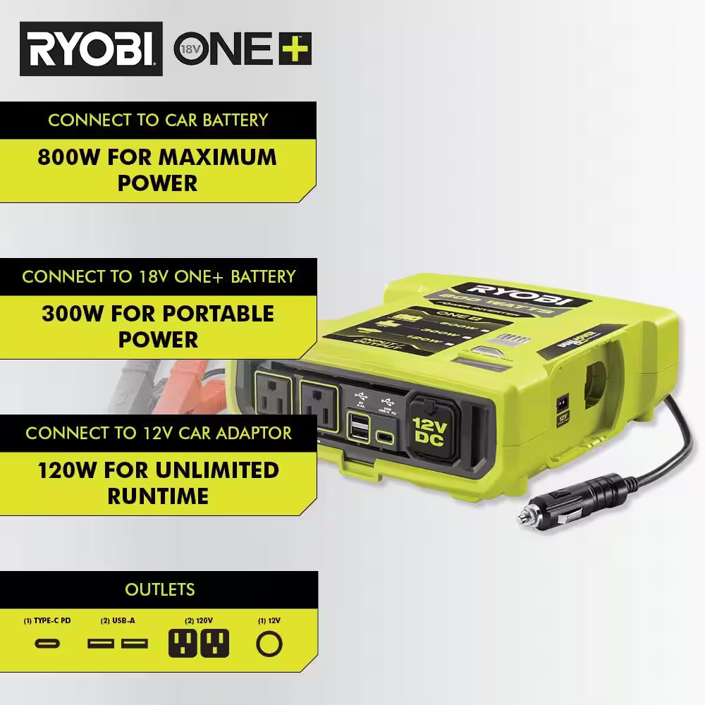 ONE+ 18V 800-Watt Max 12V Automotive Power Inverter with Dual USB Ports