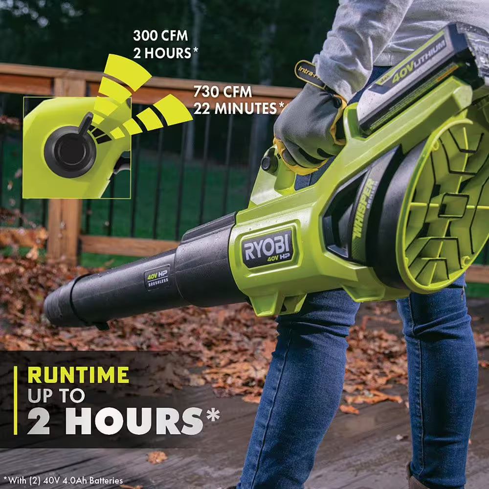 40V HP Brushless Whisper Series 190 MPH 730 CFM Cordless Battery Jet Fan Leaf Blower with (2) 4.0 Ah Batteries & Charger