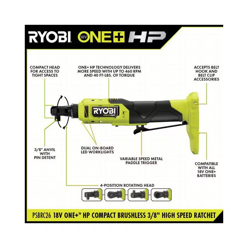 ONE+ 18V HP Brushless Cordless Compact 3/8 In. High Speed Ratchet (Tool Only)