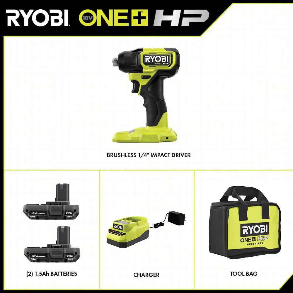 ONE+ HP 18V Brushless Cordless Compact 1/4 In. Impact Driver Kit with (2) 1.5 Ah Batteries, Charger and Bag
