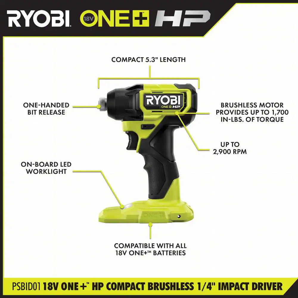 ONE+ HP 18V Brushless Cordless Compact 1/4 In. Impact Driver Kit with (2) 1.5 Ah Batteries, Charger and Bag