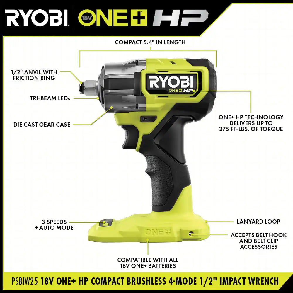 ONE+ HP 18V Brushless Cordless Compact 1/2 in 4 Mode Impact Wrench (Tool Only)