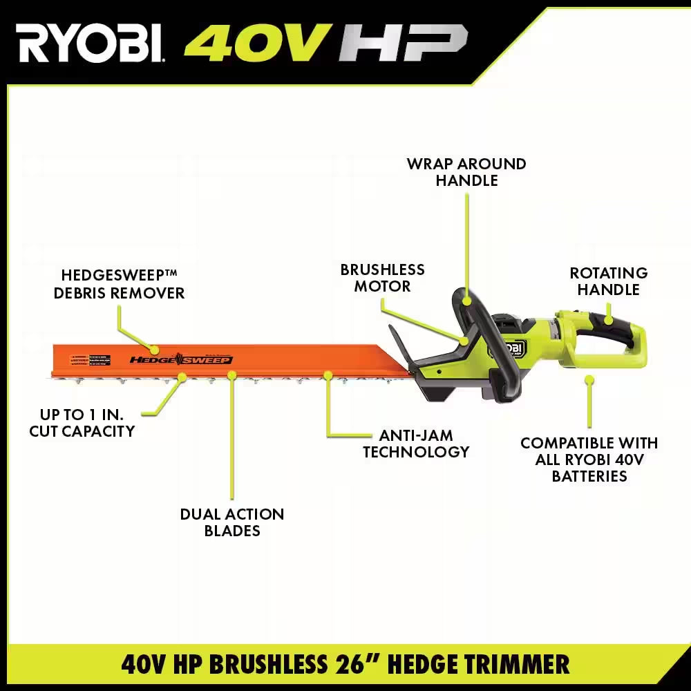 40V HP Brushless 26 In. Cordless Battery Hedge Trimmer with 2.0 Ah Battery and Charger