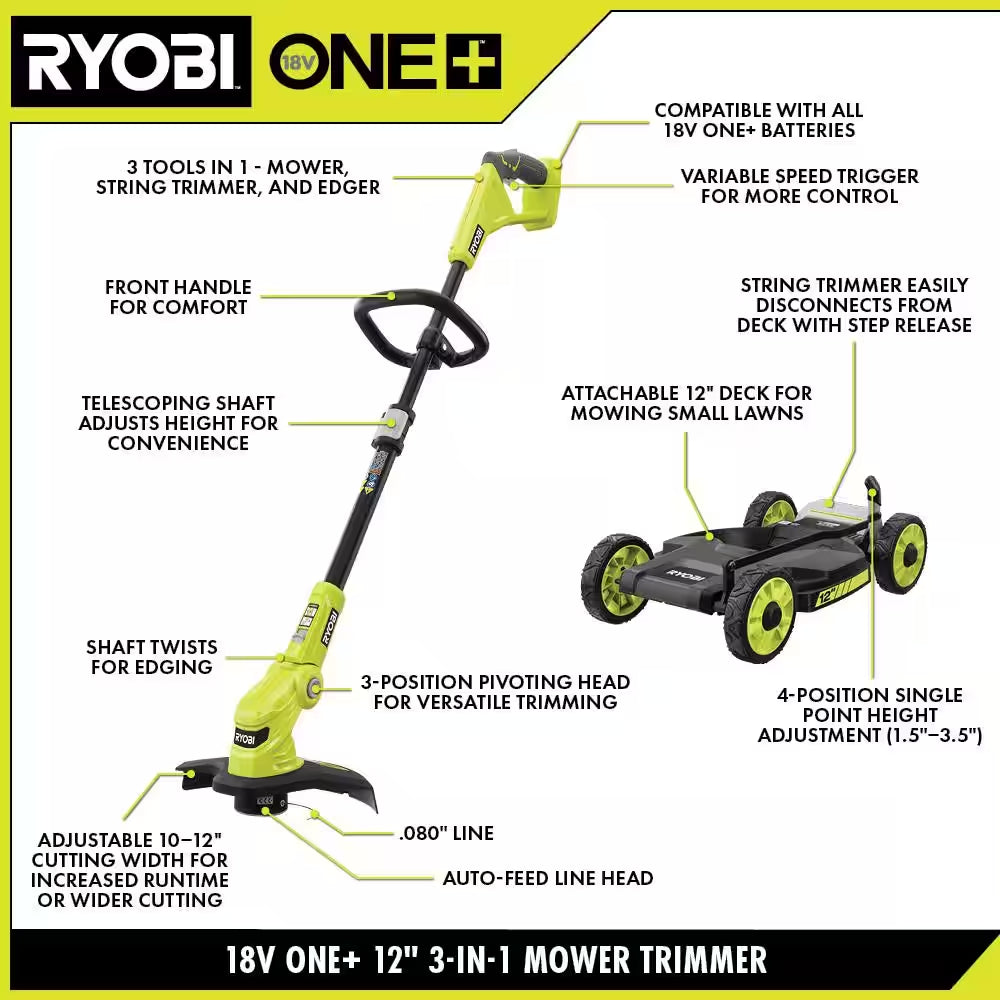 ONE+ 18V 12 In. Cordless Battery 3-In-1 Mower, String Trimmer, and Edger (Tool Only)