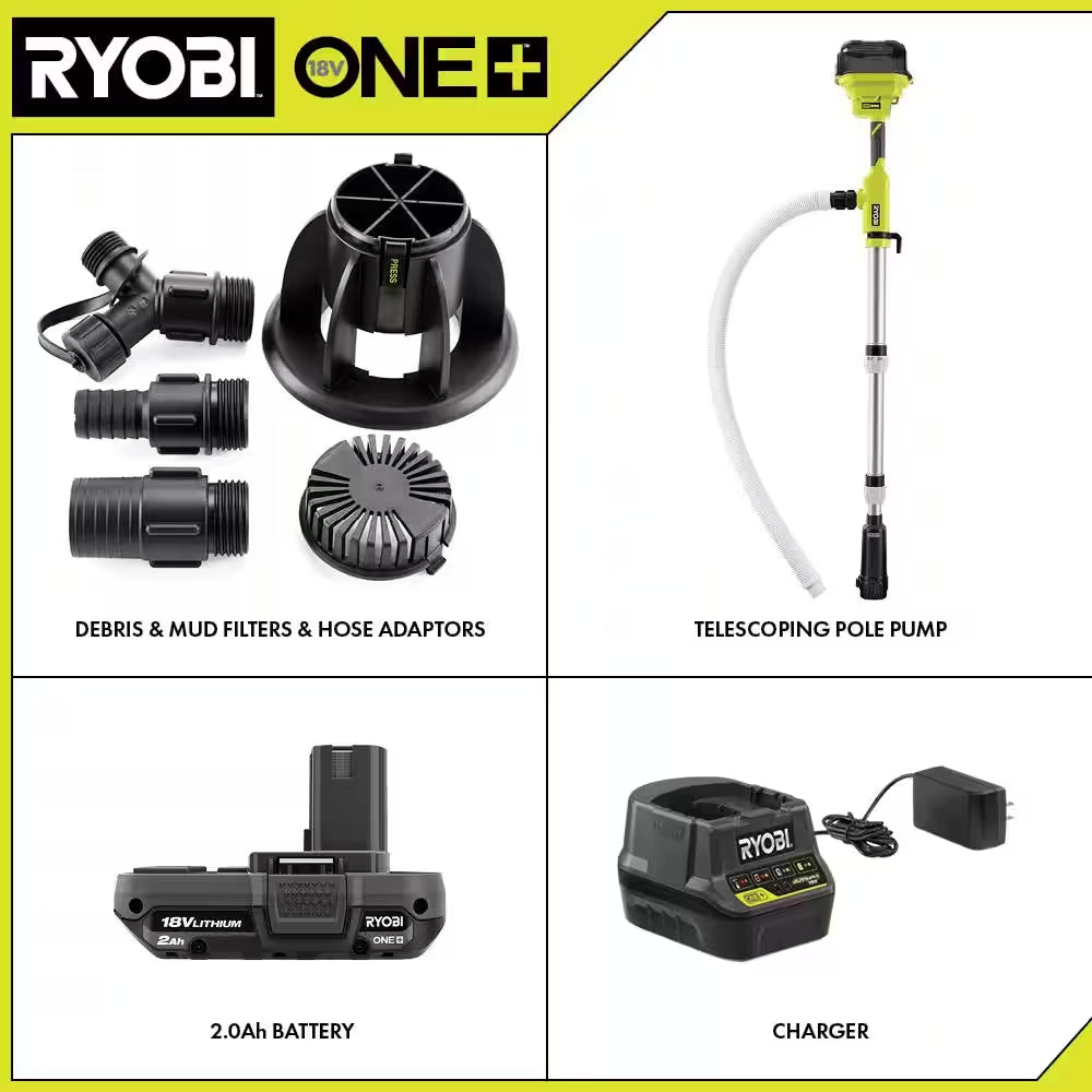 ONE+ 18V Cordless 1/6 HP Telescoping Pole Pump with 2.0 Ah Battery and Charger