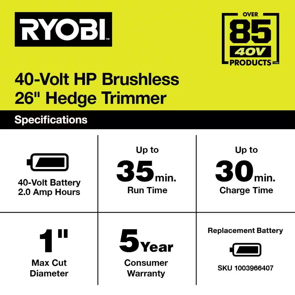 40V HP Brushless 26 In. Cordless Battery Hedge Trimmer with 2.0 Ah Battery and Charger