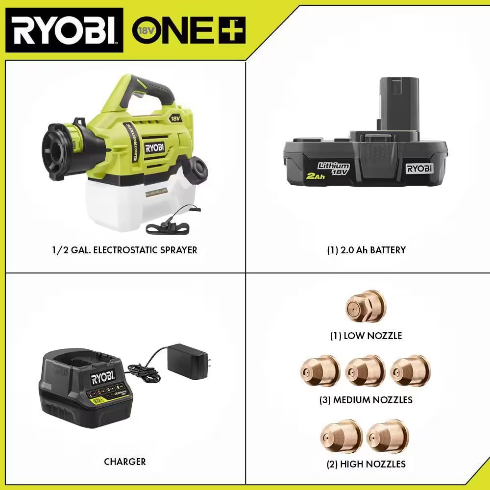 ONE+ 18V Cordless Electrostatic 0.5 Gal. Sprayer with Extra (2) Medium & (1) High Nozzles with 2.0 Ah Battery & Charger