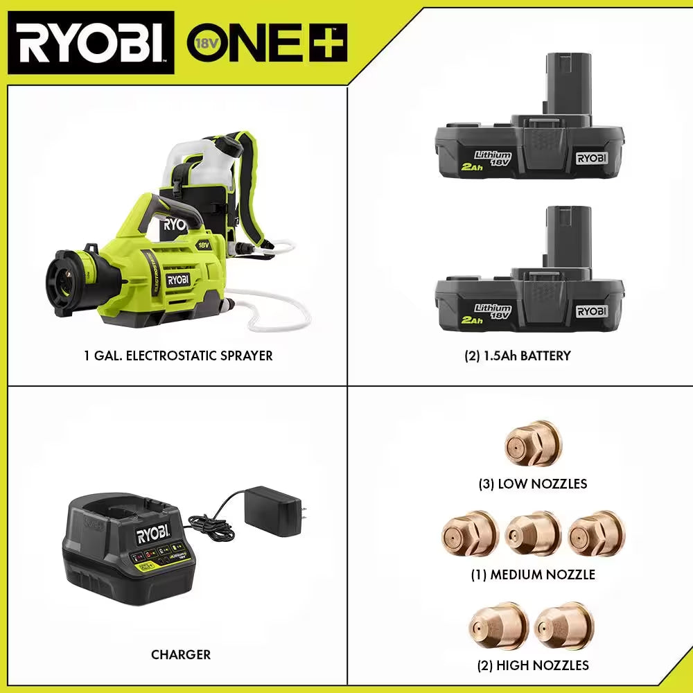 ONE+ 18V Cordless Electrostatic 1 Gal. Sprayer W/ Extra (2) Med. & (1) High Nozzles, (2) 2.0 Ah Batteries, & (1) Charger