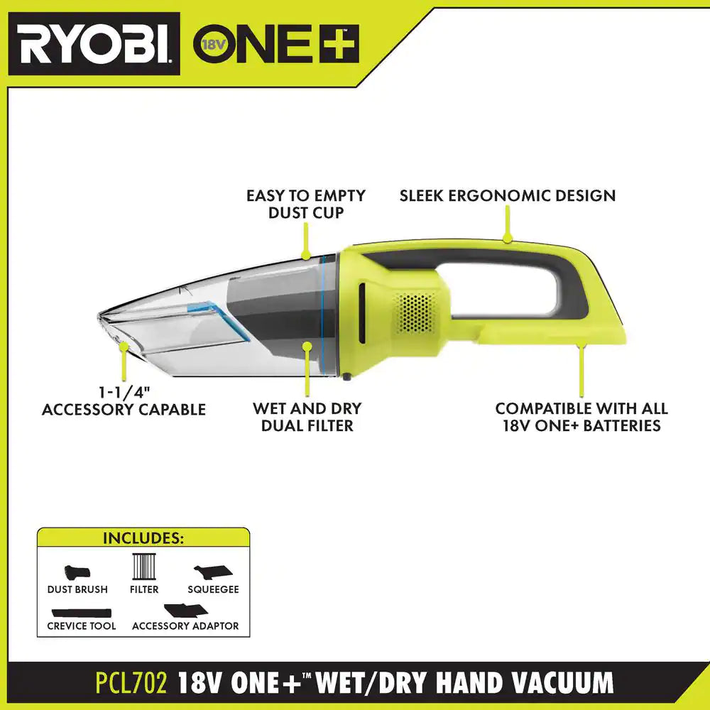 ONE+ 18V Cordless Wet/Dry Hand Vacuum Kit with 2.0 Ah Battery and Charger