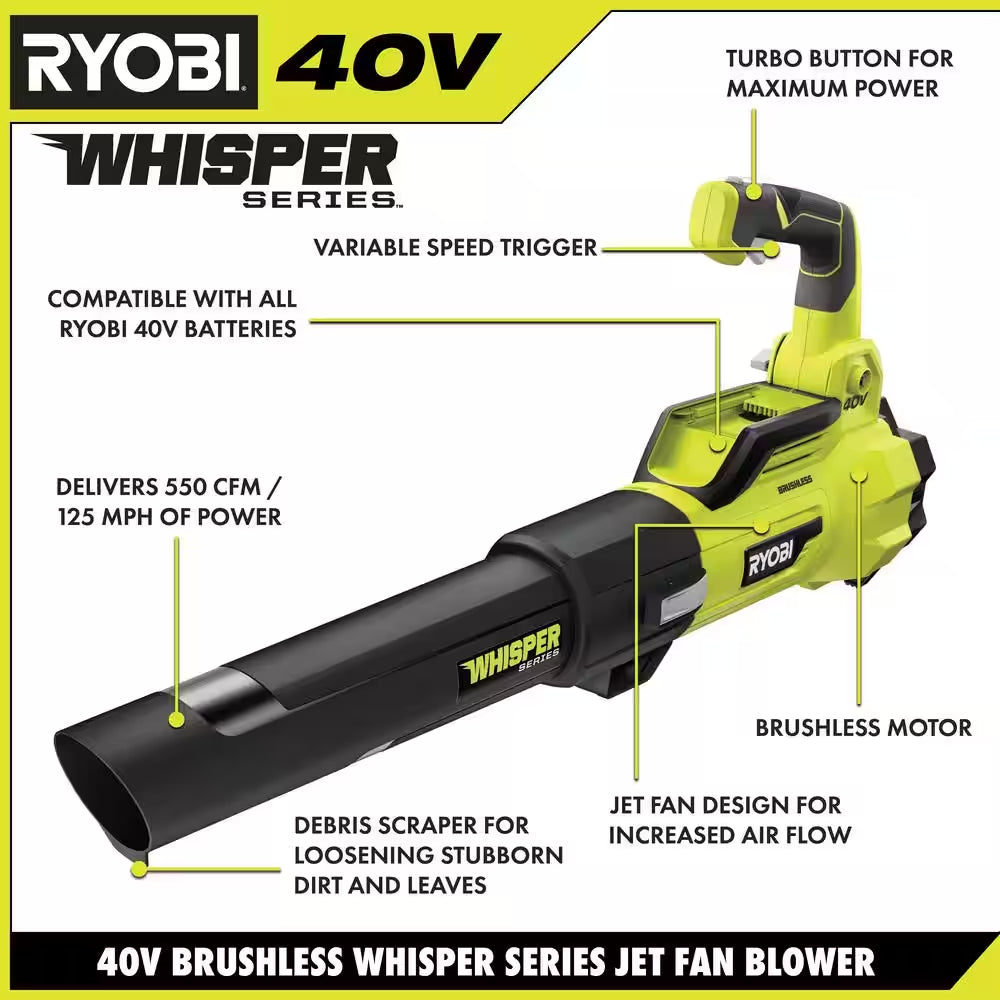 40V Brushless 125 MPH 550 CFM Cordless Battery Whisper Series Jet Fan Blower with 4.0 Ah Battery and Charger