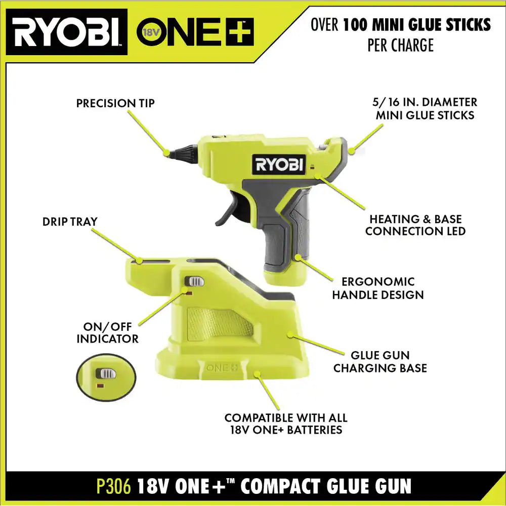 ONE+ 18V Cordless Compact Glue Gun (Tool Only) with 24-Pack 5/16 In. X 6 In. Mini Glue Sticks