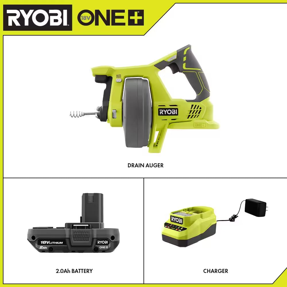 ONE+ 18V Cordless Drain Auger and 2.0 Ah Compact Battery and Charger Starter Kit