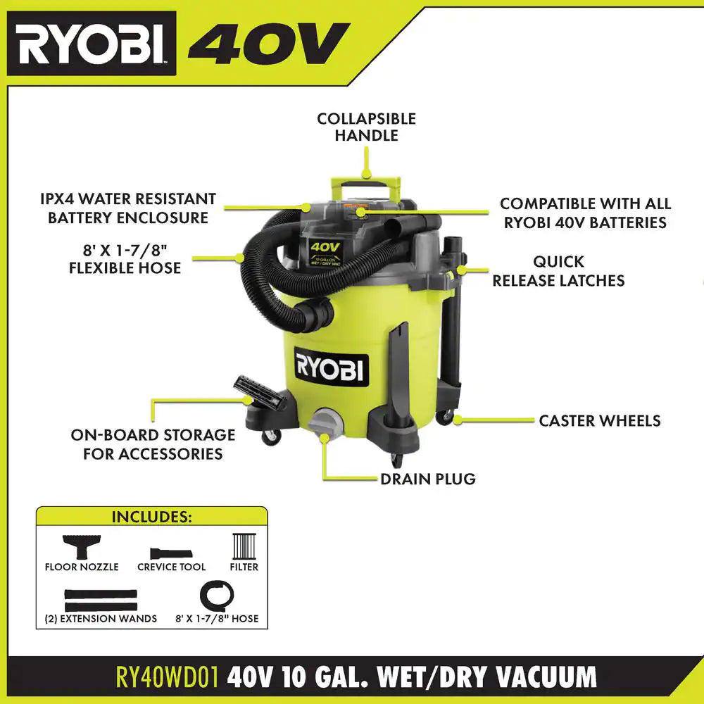 40V 10 Gal. Cordless Wet/Dry Vacuum Kit with 40V 4.0 Ah Battery and 40V Charger