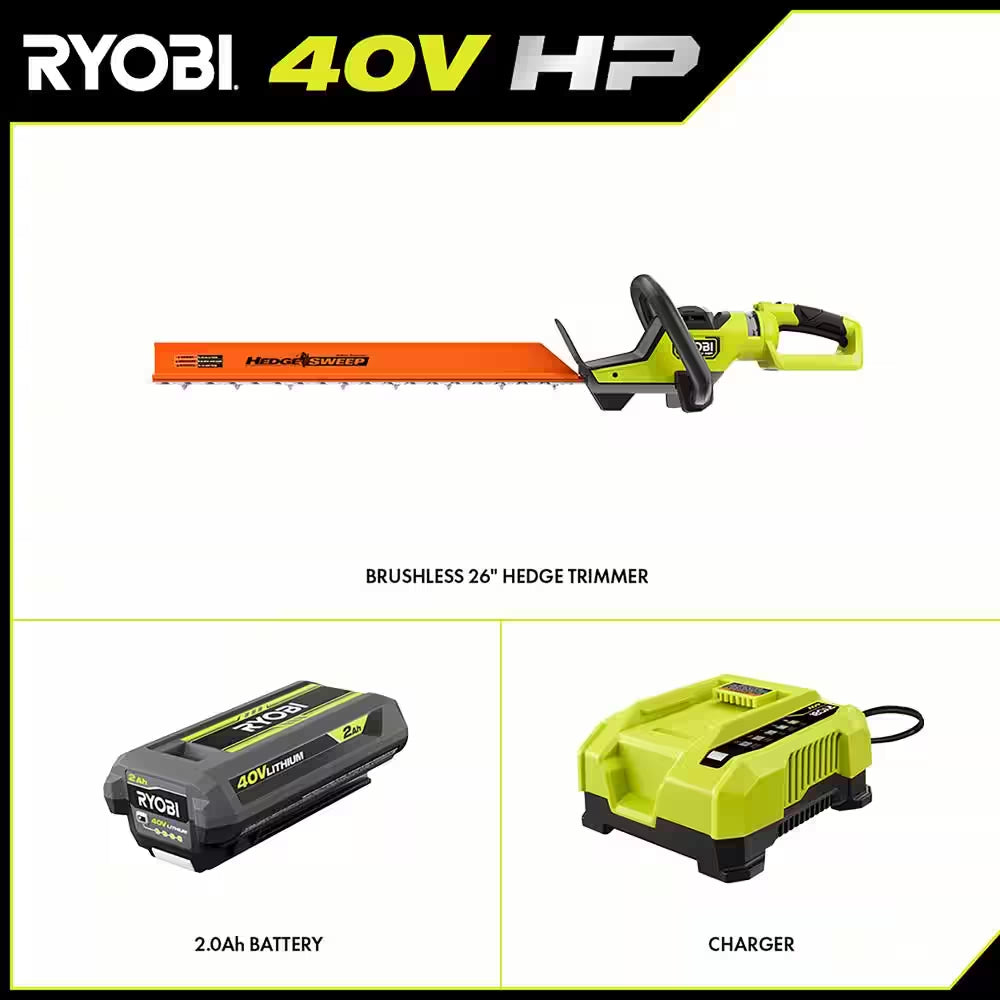 40V HP Brushless 26 In. Cordless Battery Hedge Trimmer with 2.0 Ah Battery and Charger
