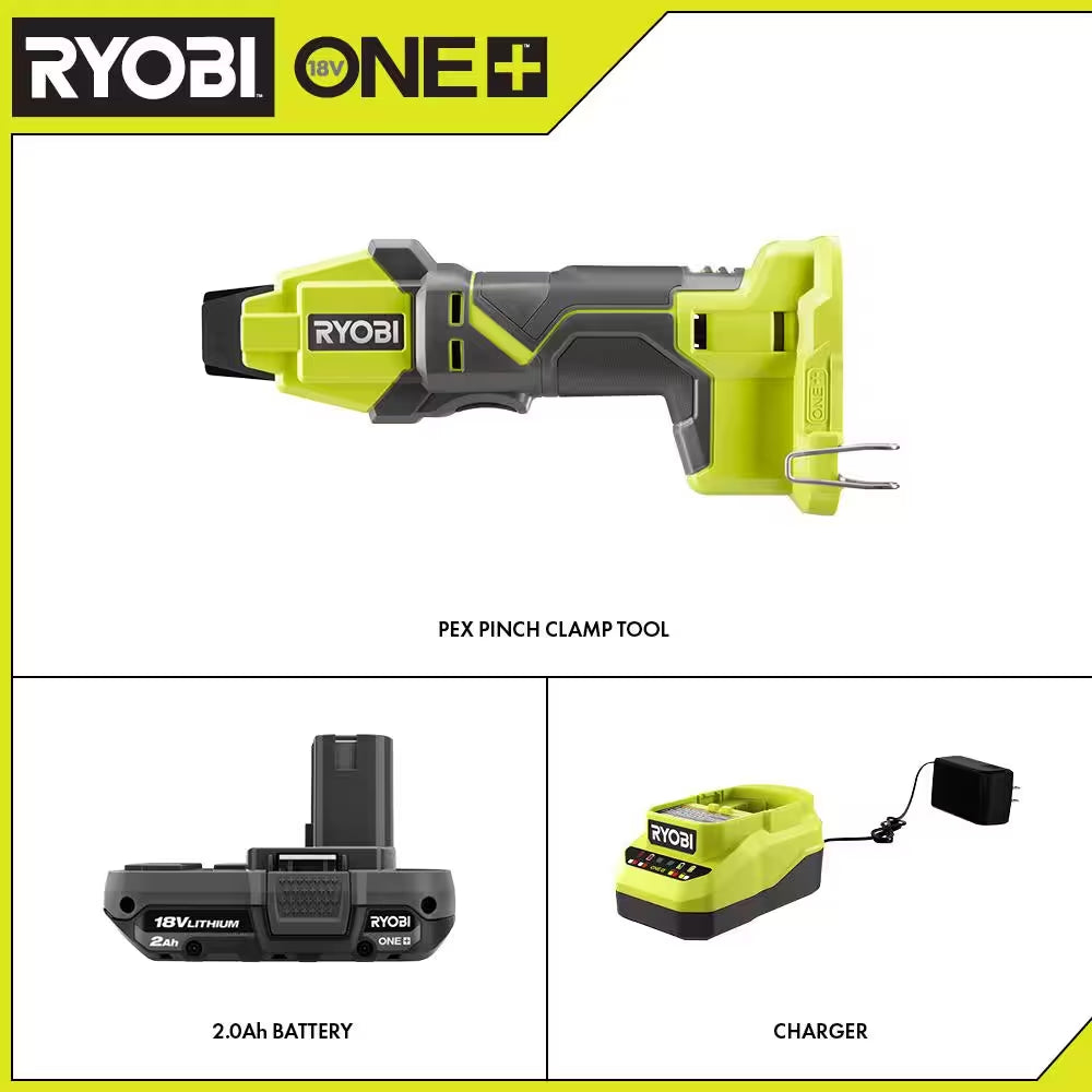ONE+ 18V Cordless PEX Tubing Clamp Tool and 2.0 Ah Compact Battery and Charger Starter Kit