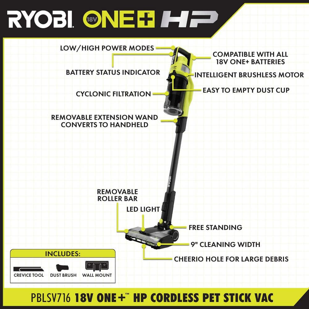 ONE+ HP 18V Brushless Cordless Pet Stick Vacuum Cleaner Kit with 4.0 Ah HIGH PERFORMANCE Battery and Charger
