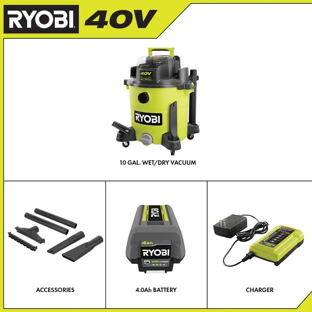 40V 10 Gal. Cordless Wet/Dry Vacuum Kit with 40V 4.0 Ah Battery and 40V Charger