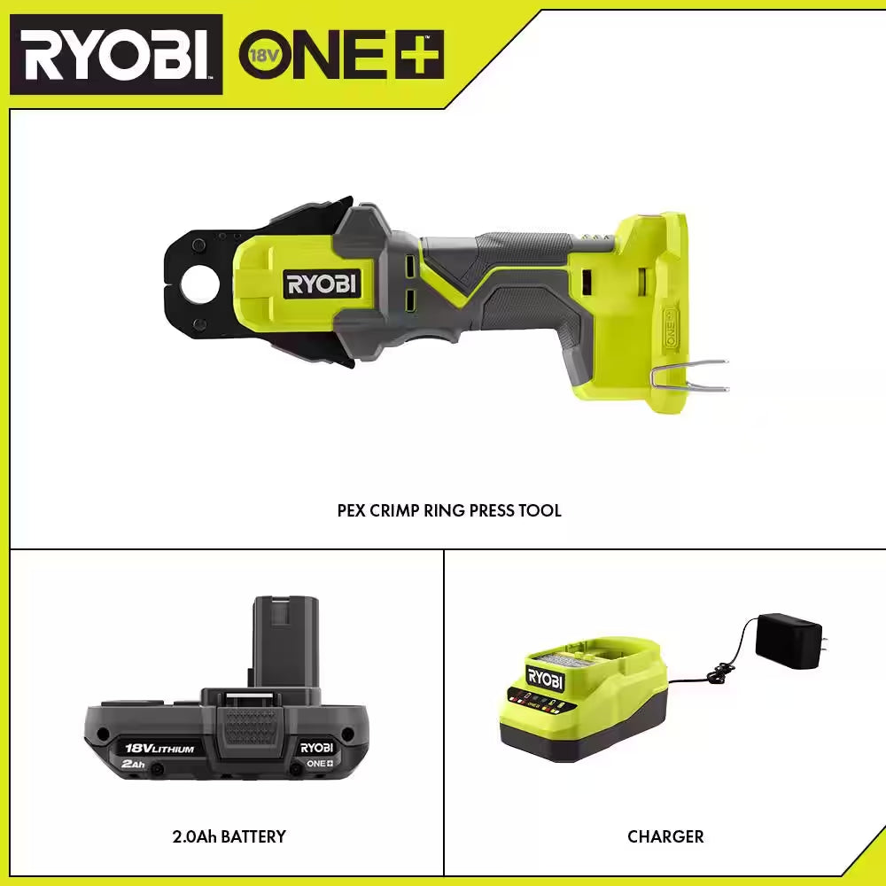 ONE+ 18V Cordless PEX Crimp Ring Press Tool and 2.0 Ah Compact Battery and Charger Starter Kit