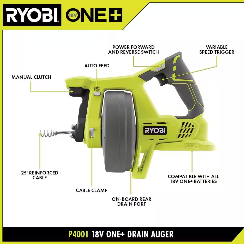 ONE+ 18V Cordless Drain Auger and 2.0 Ah Compact Battery and Charger Starter Kit